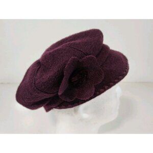 Lord & Taylor 100% Wool Cabbie Newsboy Flatcap Women's Made In Italy Flower Wine